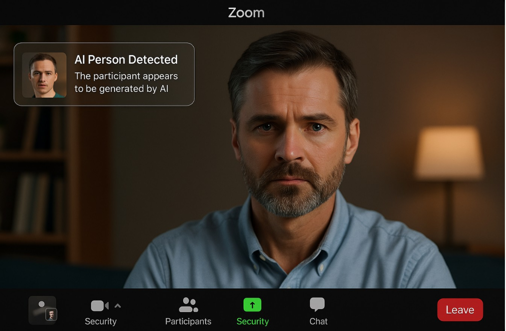 Detectra AI detecting an AI-generated person during a Zoom video call